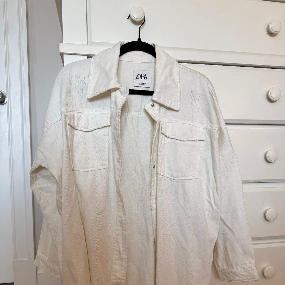Zara Distressed White Denim Jacket